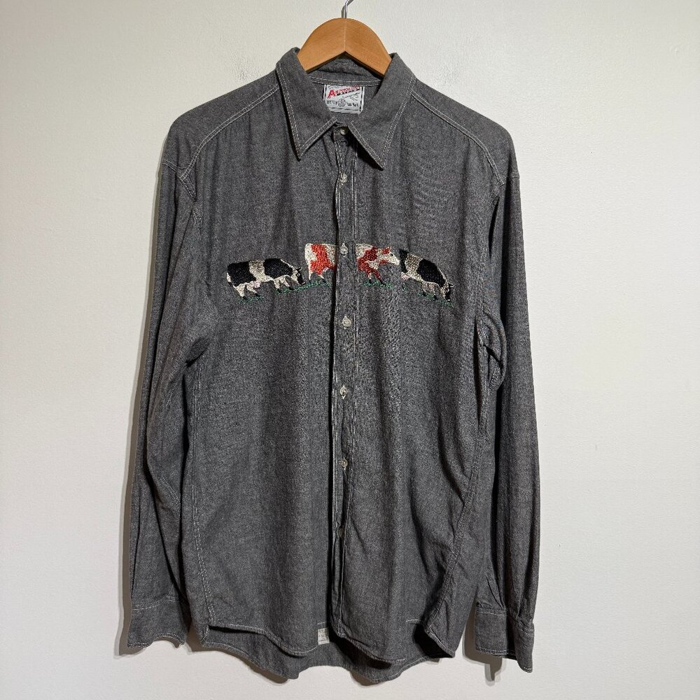 Vintage Anthology Denim Embroidered Cows Button Up Shirt, Large
